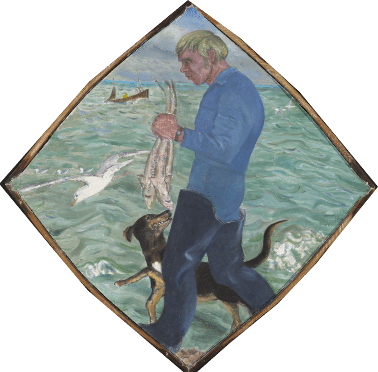 Paul carrying Robin Huss accompanied by his dog Saxon, Yhapp,  Towner Collection. Image Towner Eastbourne, © The Artist